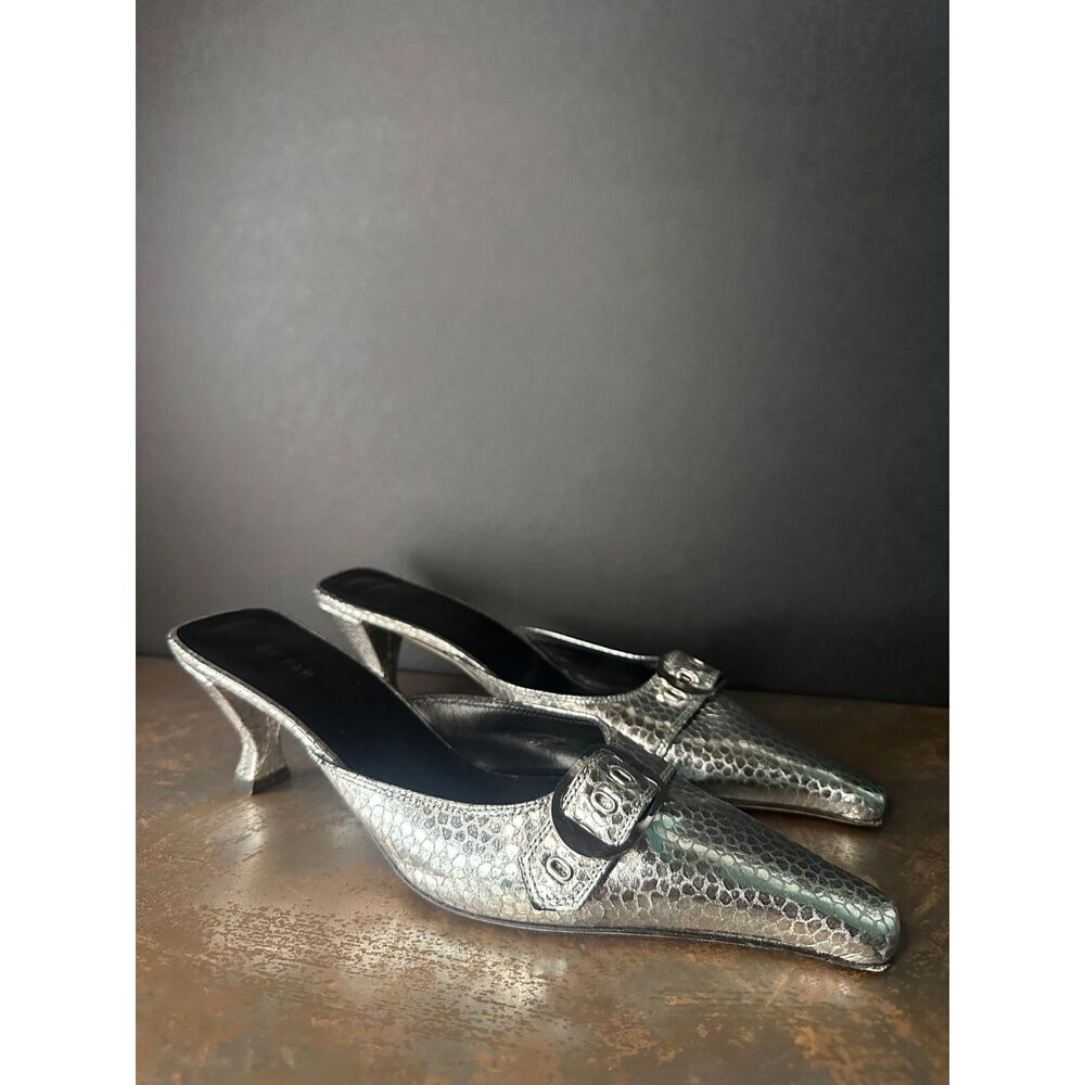 By FAR Kitten Heel Slide Mules 10 Date Wedding Y2K Snake Metallic Silver Evelyn